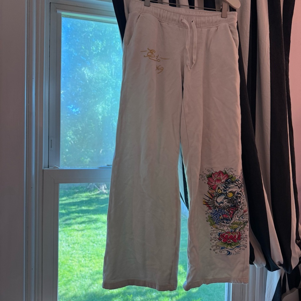 Ed Hardy Logo Cream White Sweatpants Tiger